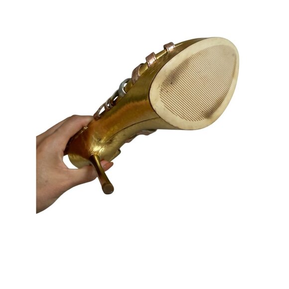 MICHAEL KORS Metallic Rose Gold Silver Leather Platform Sandals Heels Size 7.5 - Picture 5 of 11